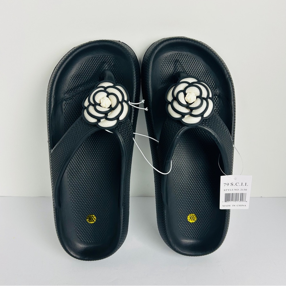 NWT Flip Flop Camellia Flower Jelly Sandals Womens XL Black Cushioned Waterproof